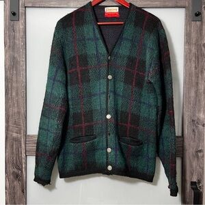 Vintage 60s Jantzen Wool & Mohair Cardigan Green Blue Plaid Grunge Kurt Cobain L